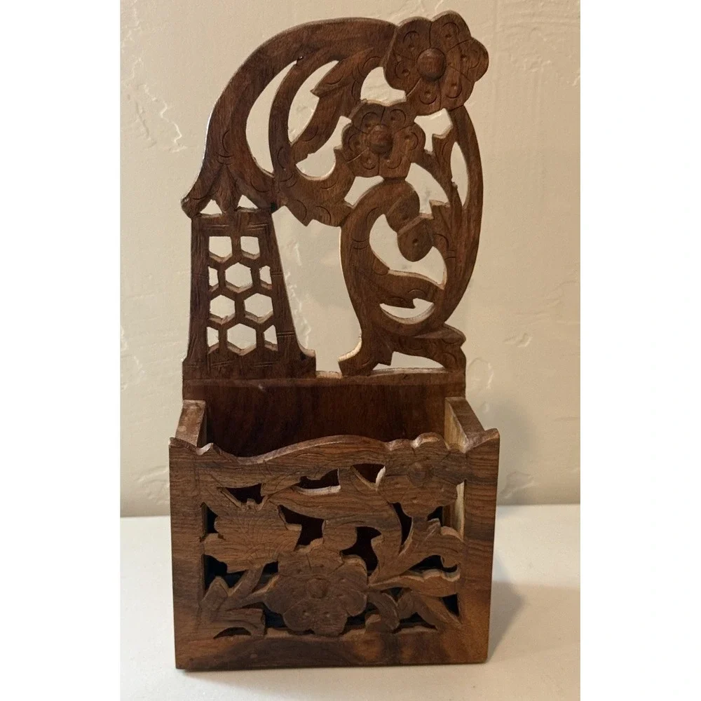 Vintage Carved Wood Wall Pocket Indian Tibetan Floral Key Box Mail‎ Holder
